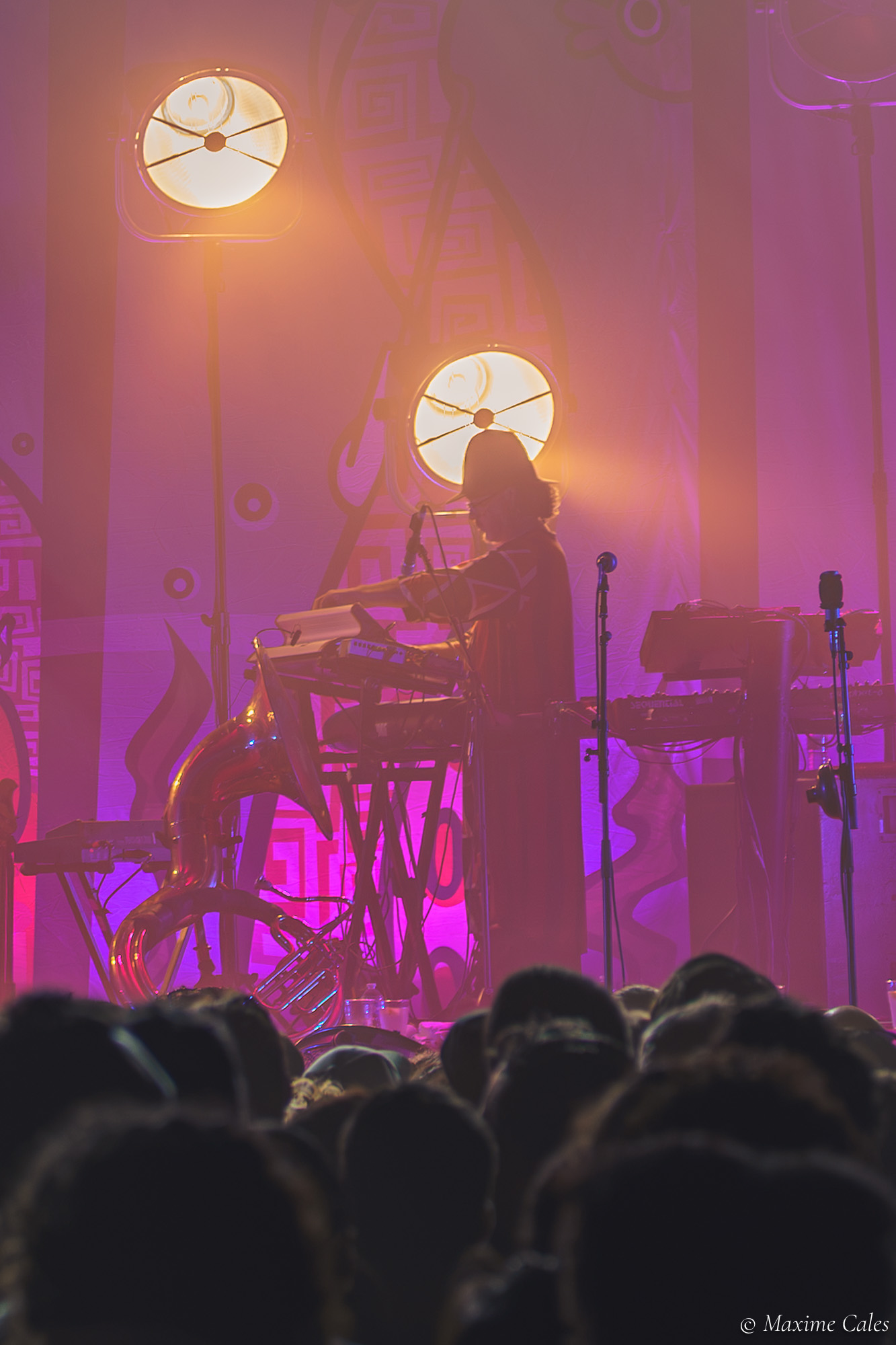 Silhouette du claviériste de Fat Freddy's Drop à contre-jour sous les projecteurs